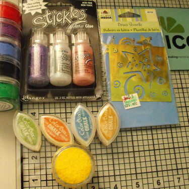 embossing paste, stickles, cats eyes, flower soft, brass