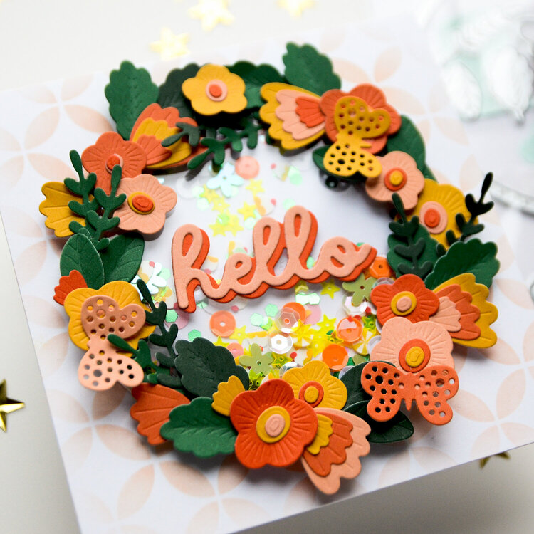 Shaker card with wreath &quot;Hello&quot;
