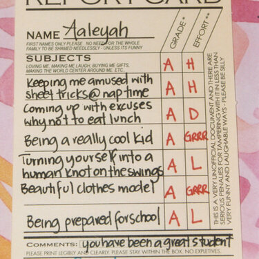 The report card at the end of the book