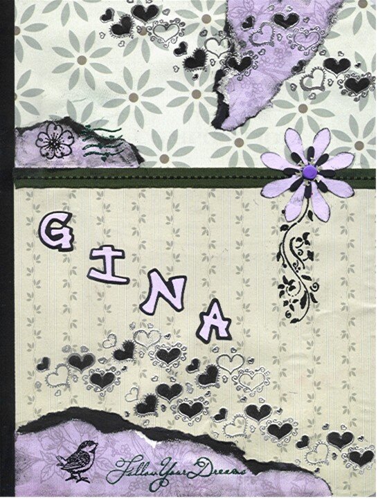 altered composition book front - Gina