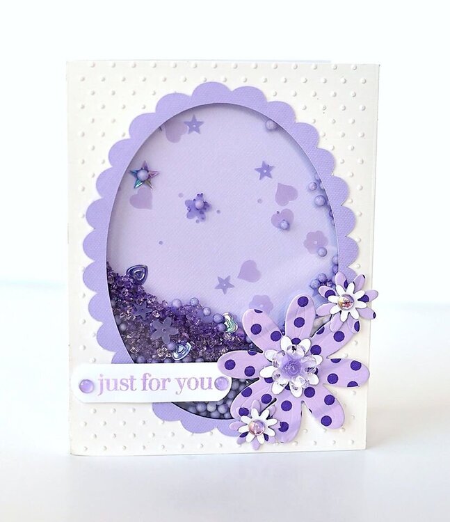 Just For You featuring Queen and Company Oval Foam Front Shaker Card Kit willed with multiple toppings