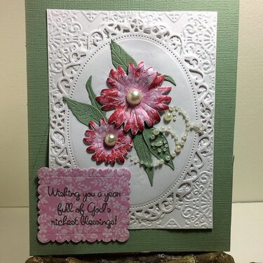 Green/White Birthday Card w/pink flower