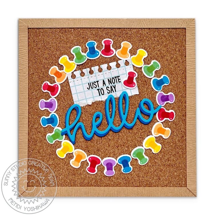 Sunny Studio A Cut Above Corkboard with Pushpins Hello Card by Mendi Yoshikawa