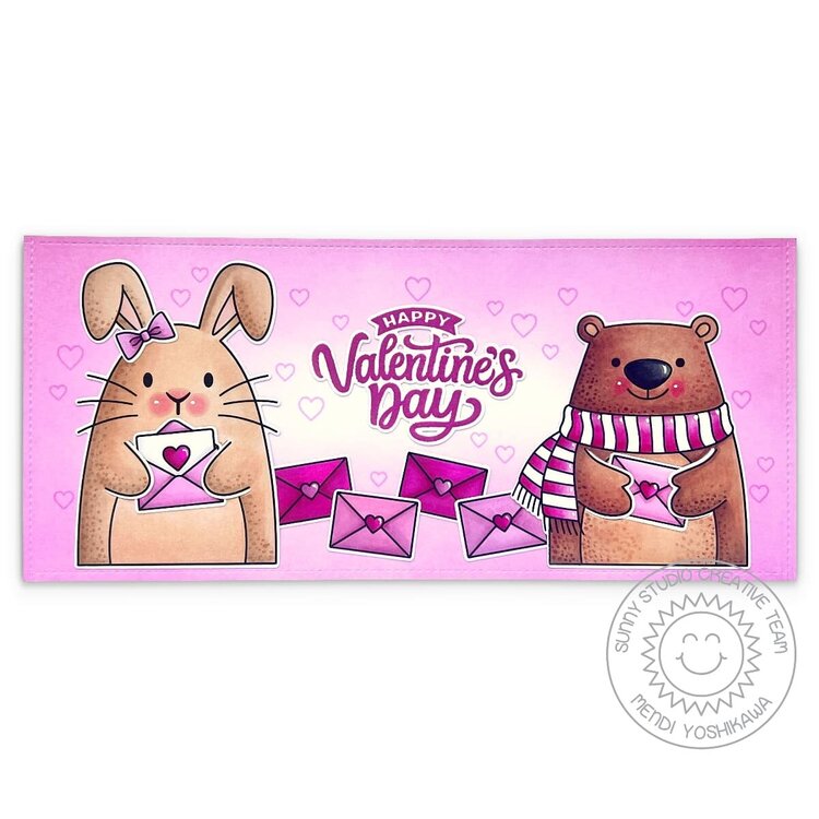 Sunny Studio Big Bunny &amp; Holiday Hugs Valentine&#039;s Day Slimline Card by Mendi Yoshikawa