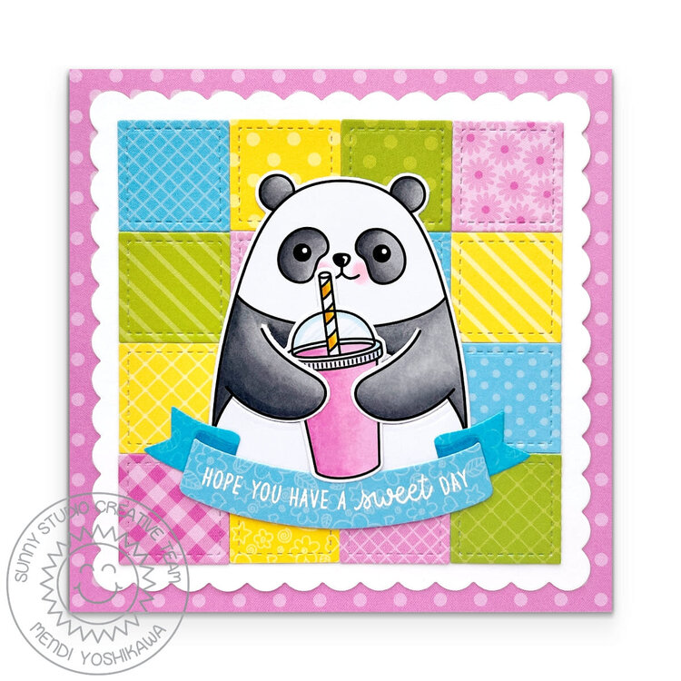 Sunny Studio Big Panda Scalloped Patchwork Card by Mendi Yoshikawa