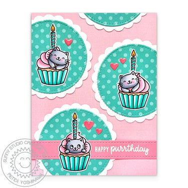 Sunny Studio Birthday Cat Scalloped Circles Cupcake Card by Mendi Yoshikawa