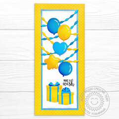 Sunny Studio Balloons, Gifts & Streamers Slimline Birthday Card by Mendi Yoshikawa