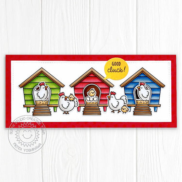 Sunny Studio Clucky Chickens Slimline Card by Mendi Yoshikawa