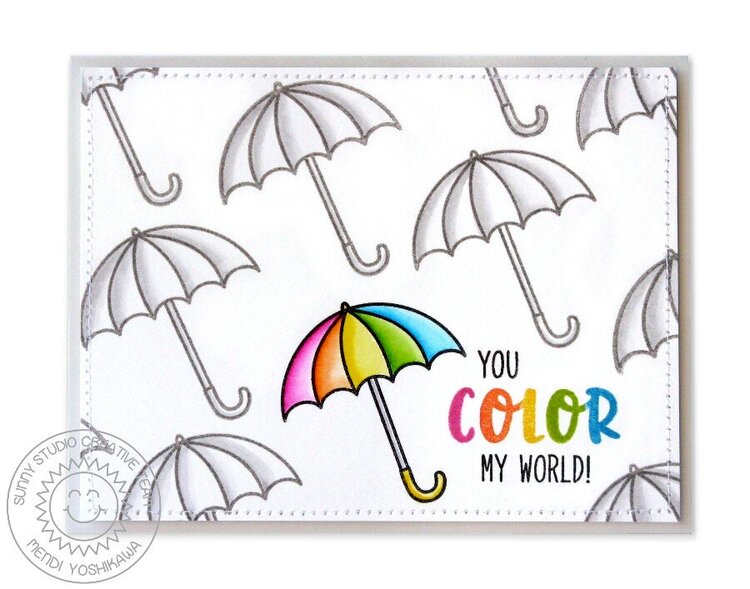 Sunny Studio Color My World Rainbow Umbrella Card by Mendi Yoshikawa