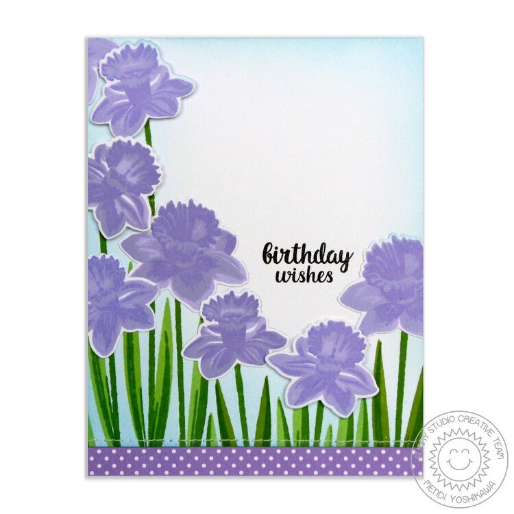 Sunny Studio Lavender Daffodil Card by Mendi Yoshikawa