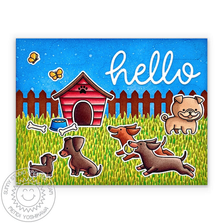 Sunny Studio Dashing Dachshund Hello Dog Card by Mendi Yoshikawa