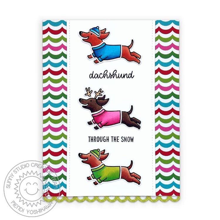 Sunny Studio Dashing Dachshund Holiday Card by Mendi Yoshikawa