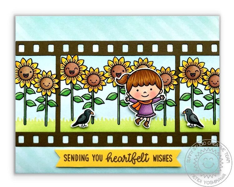 Sunny Studio Girl with Happy Sunflowers Fall Card by Mendi Yoshikawa