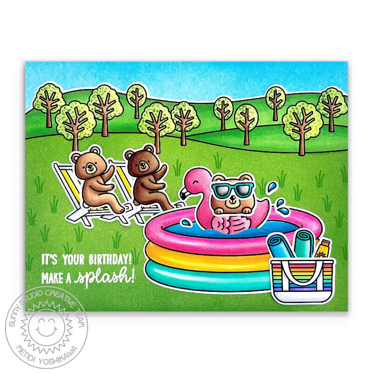 Sunny Studio Kiddie Pool &amp; Beach Buddies Card by Mendi Yoshikawa