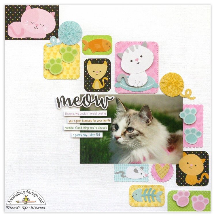 Doodlebug Kitten Smitten Cat Scrapbook Layout by Mendi Yoshikawa