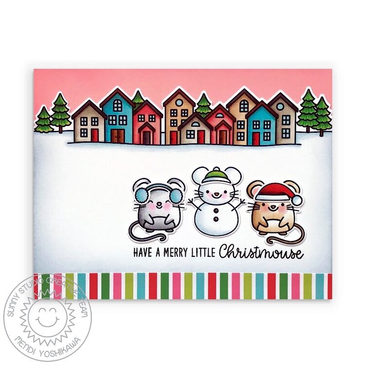 Sunny Studio Merry Mice Mouse Christmas Card by Mendi Yoshikawa