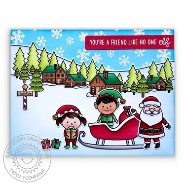 Sunny Studio North Pole Elf Christmas Card by Mendi Yoshikawa