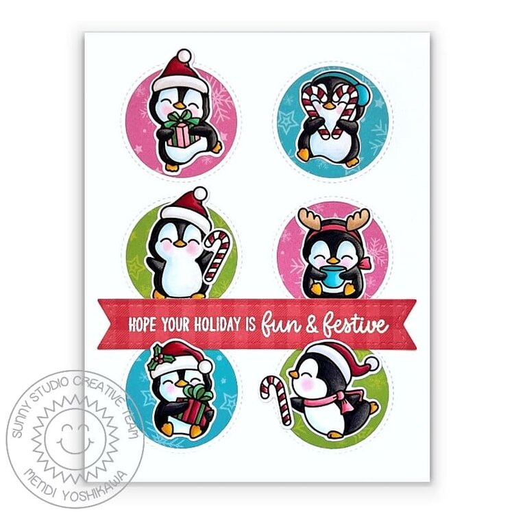 Sunny Studio Penguin Party Christmas Card by Mendi Yoshikawa