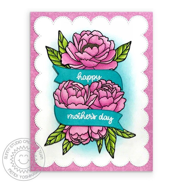 Sunny Studio Pink Peonies Spring Card by Mendi Yoshikawa