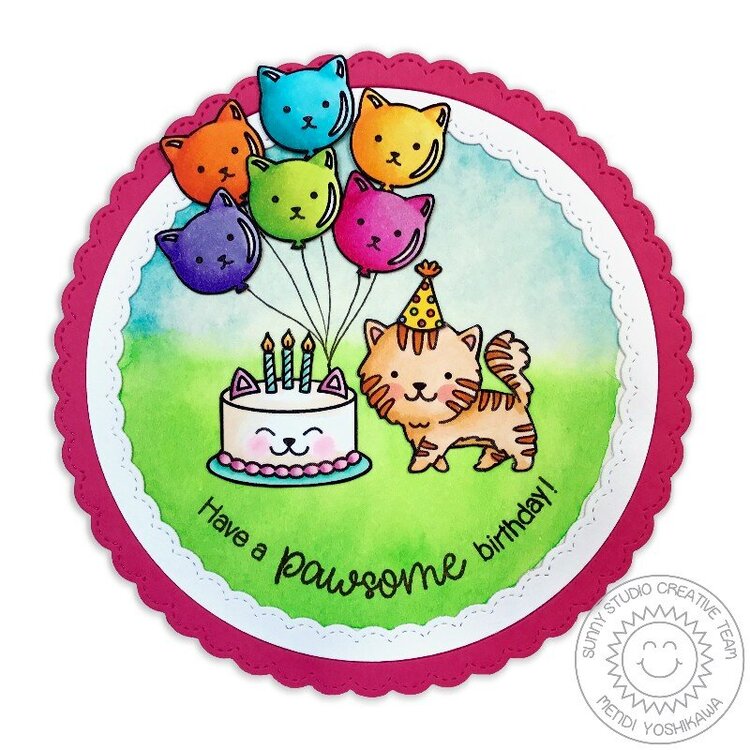Sunny Studio Purrfect Birthday Cat Card by Mendi Yoshikawa
