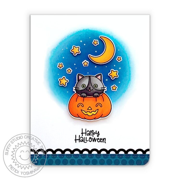 Sunny Studio Scaredy Cat Halloween Card by Mendi Yoshikawa