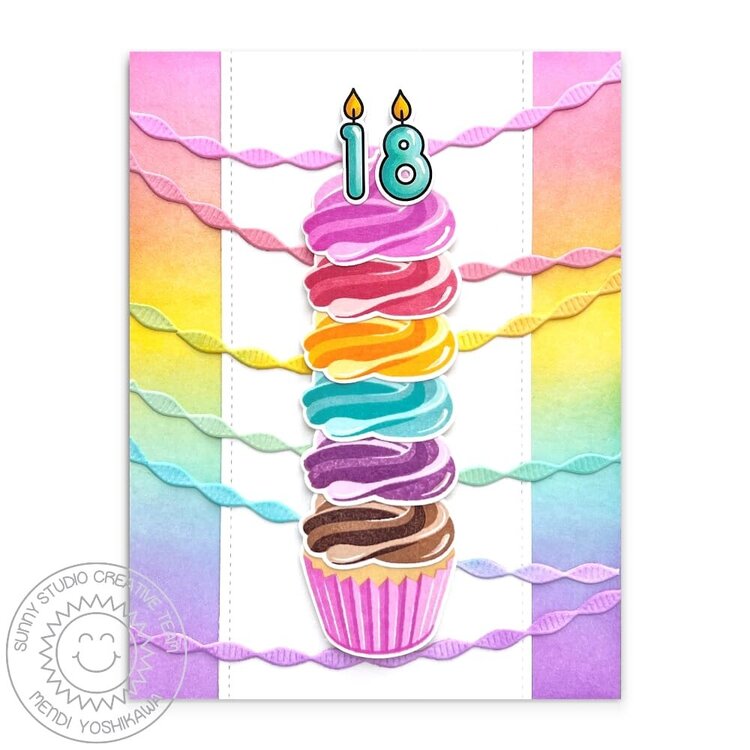 Sunny Studio Stacked Cupcake 18th Birthday Card by Mendi Yoshikawa