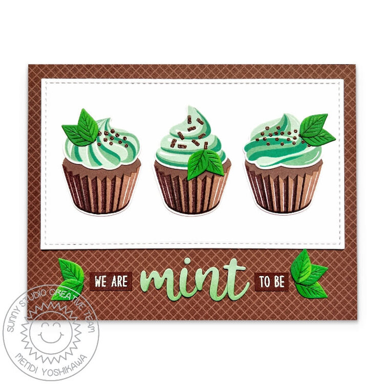 Sunny Studio Scrumptious Cupcakes Mint to Be Punny Card by Mendi Yoshikawa
