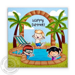 Sunny Studio Kids in Swimming Pool Summer Card by Mendi Yoshikawa