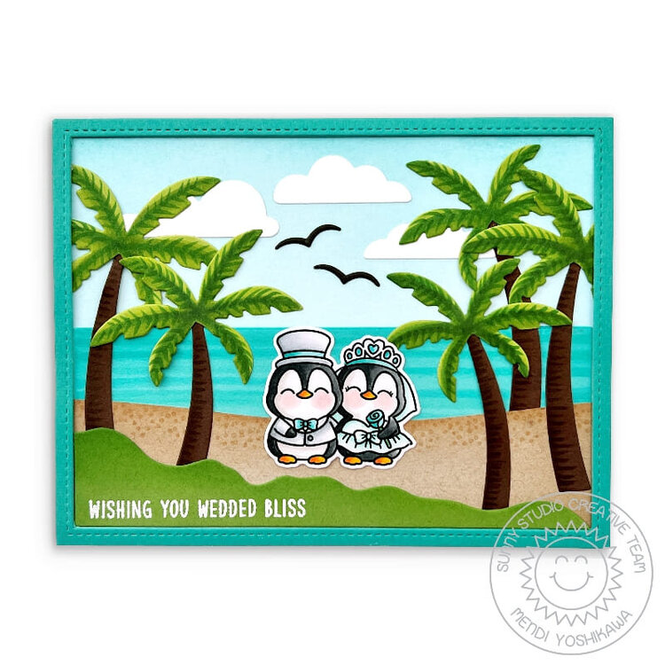 Sunny Studio Penguin Bride &amp; Groom Tropical Wedding Card by Mendi Yoshikawa