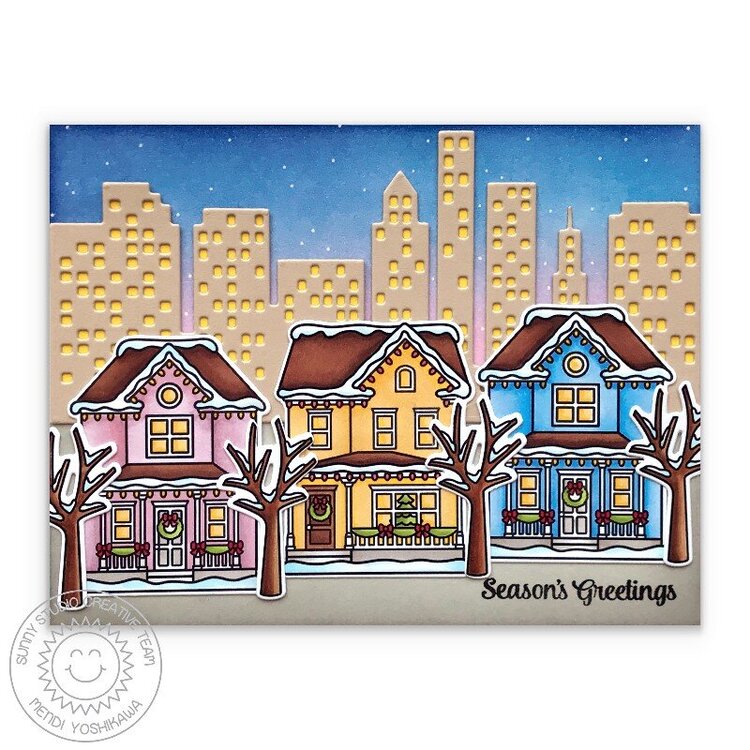 Sunny Studio Victorian Christmas House Card by Mendi Yoshikawa