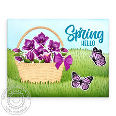 Sunny Studio Beautiful Bluebells & Wicker Basket Card by Mendi Yoshikawa