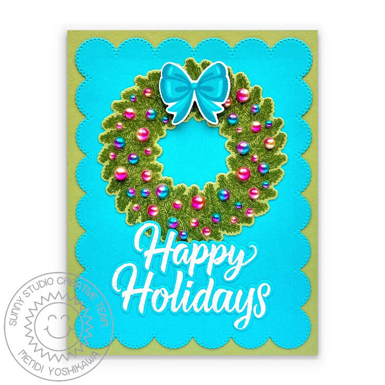 Sunny Studio Holiday Wreath Card by Mendi Yoshikawa