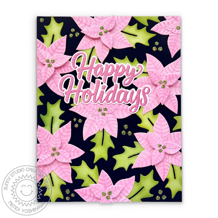 Sunny Studio Pink Poinsettia Holiday Card by Mendi Yoshikawa