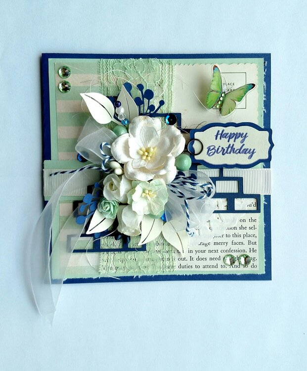 Blue and Mint Green Shabby Chic Happy Birthday Card