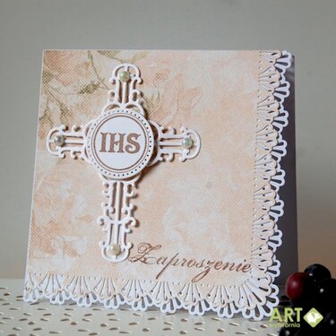 First communion invitation with filigree cross and decorative edges