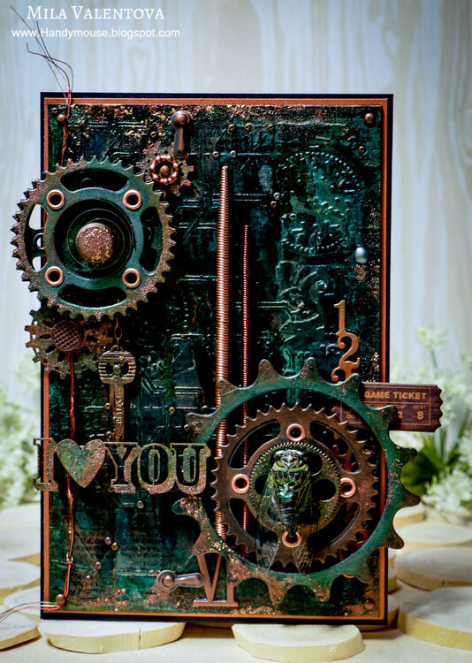 Scrapbooking steampunk card &quot;I love you&quot;.