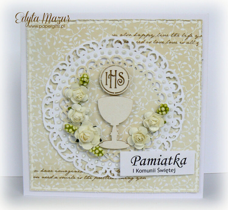 Beige with chalice and white roses - Souvenir Holy Communion