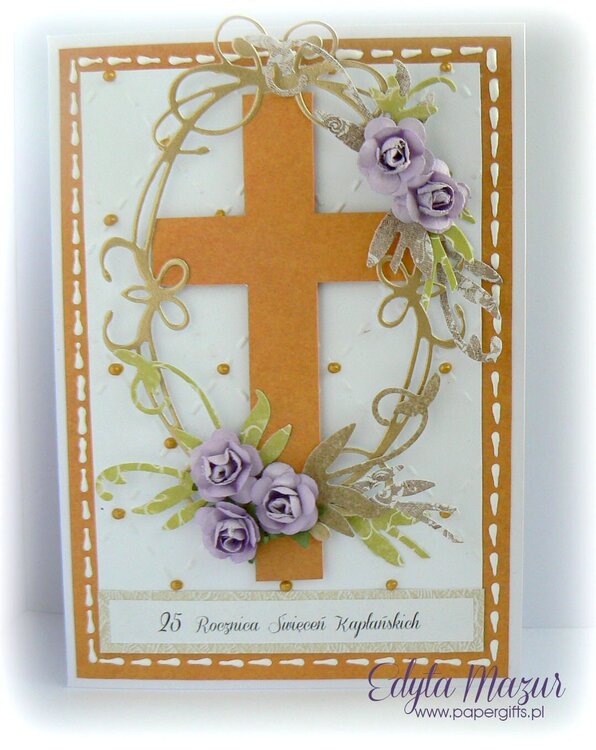 White-orange with purple roses - Anniversary Card of priestly ordination