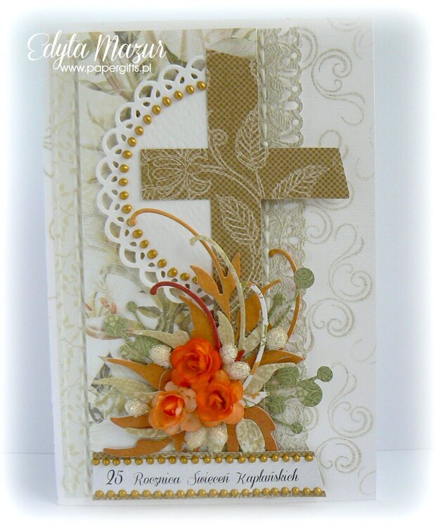 White-gold with orange roses - Card Anniversary of priestly ordination