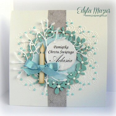 Blue garland of flowers - Card for Baptism Adam