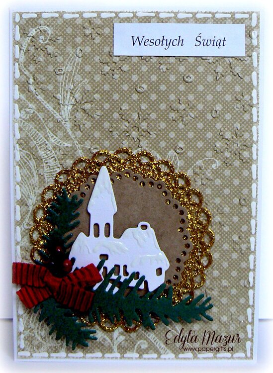 Church in a golden frame - christmas card