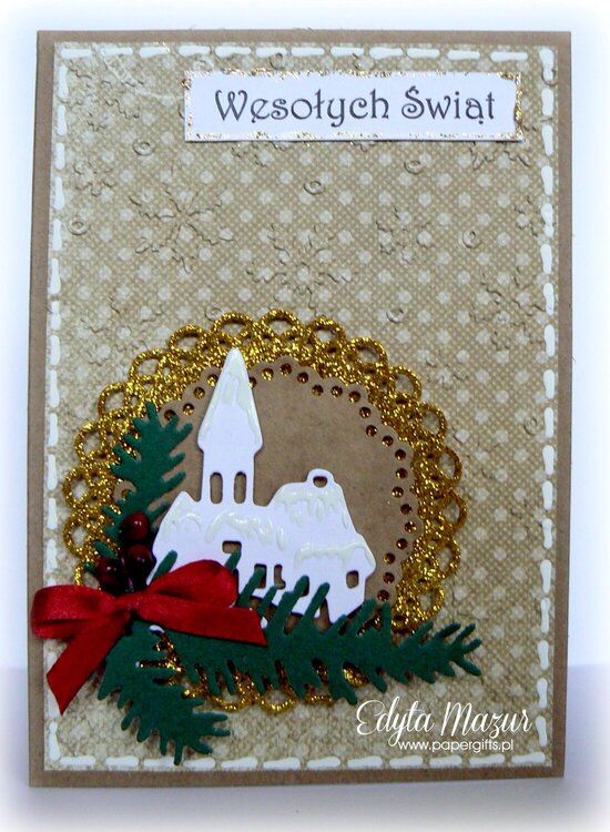 Church in a gold frame - christmas card