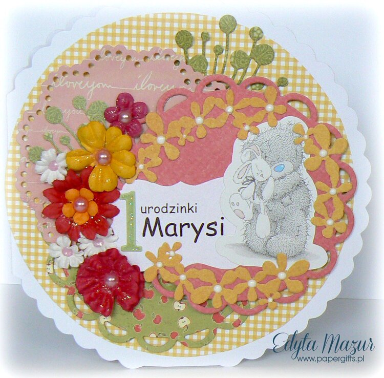 Colorful flowers and teddy bear - card to celebrate 1st birthday Marie