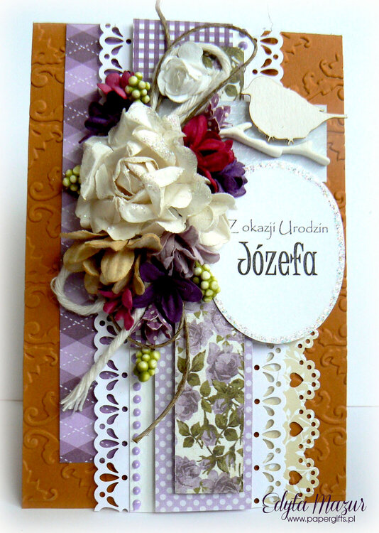 Honeys and purple card with a bird on birthday