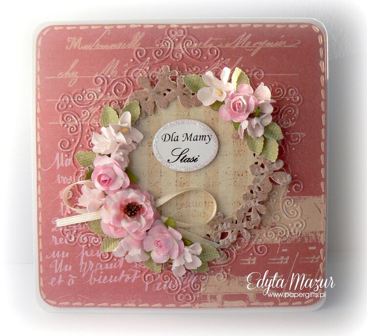 Pink with garland and pink flowers - Card for Mom