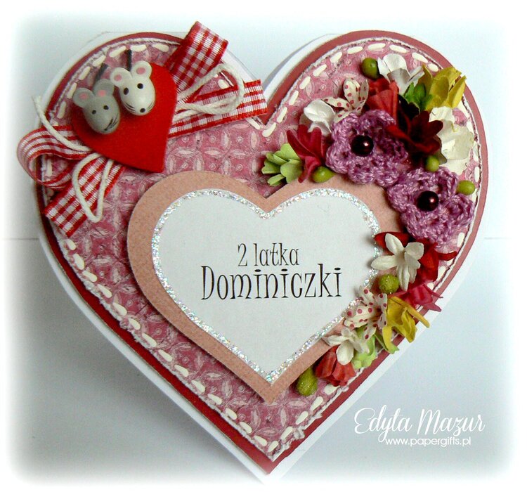 Pink heart with mice on a birthday Dominiczka