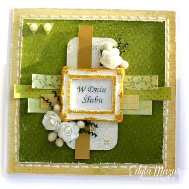 Green with golden frame and roses - wedding card