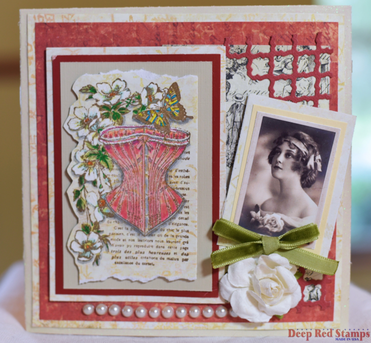 Corset Collage Card, French and Asian Fusion featuring Deep Red Stamps