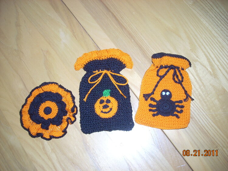Halloween treat bags and flower bracelet crocheted