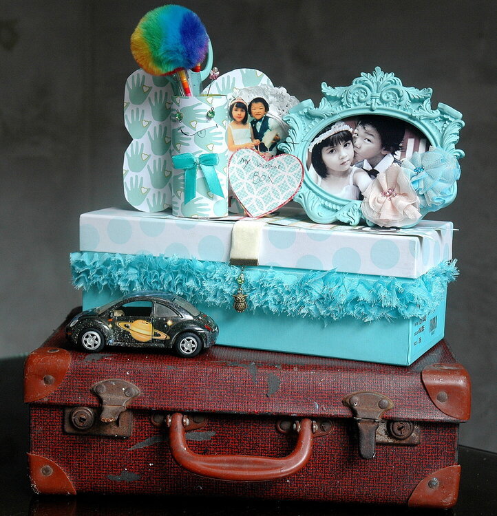 Valentine with kids.Altered pen holder wif skyler..